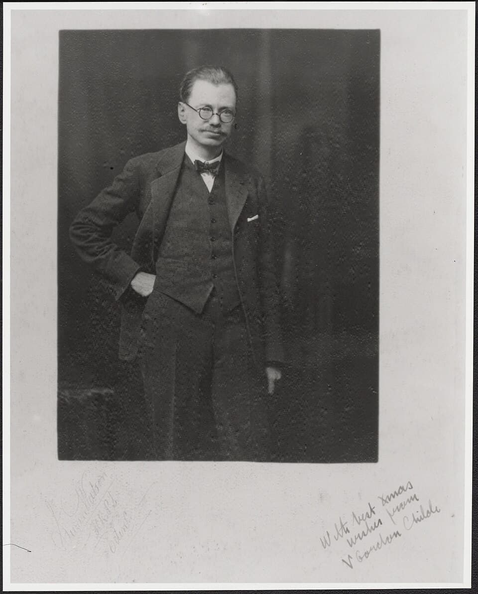 Black-and-white portrait of archaeologist V. Gordon Childe
